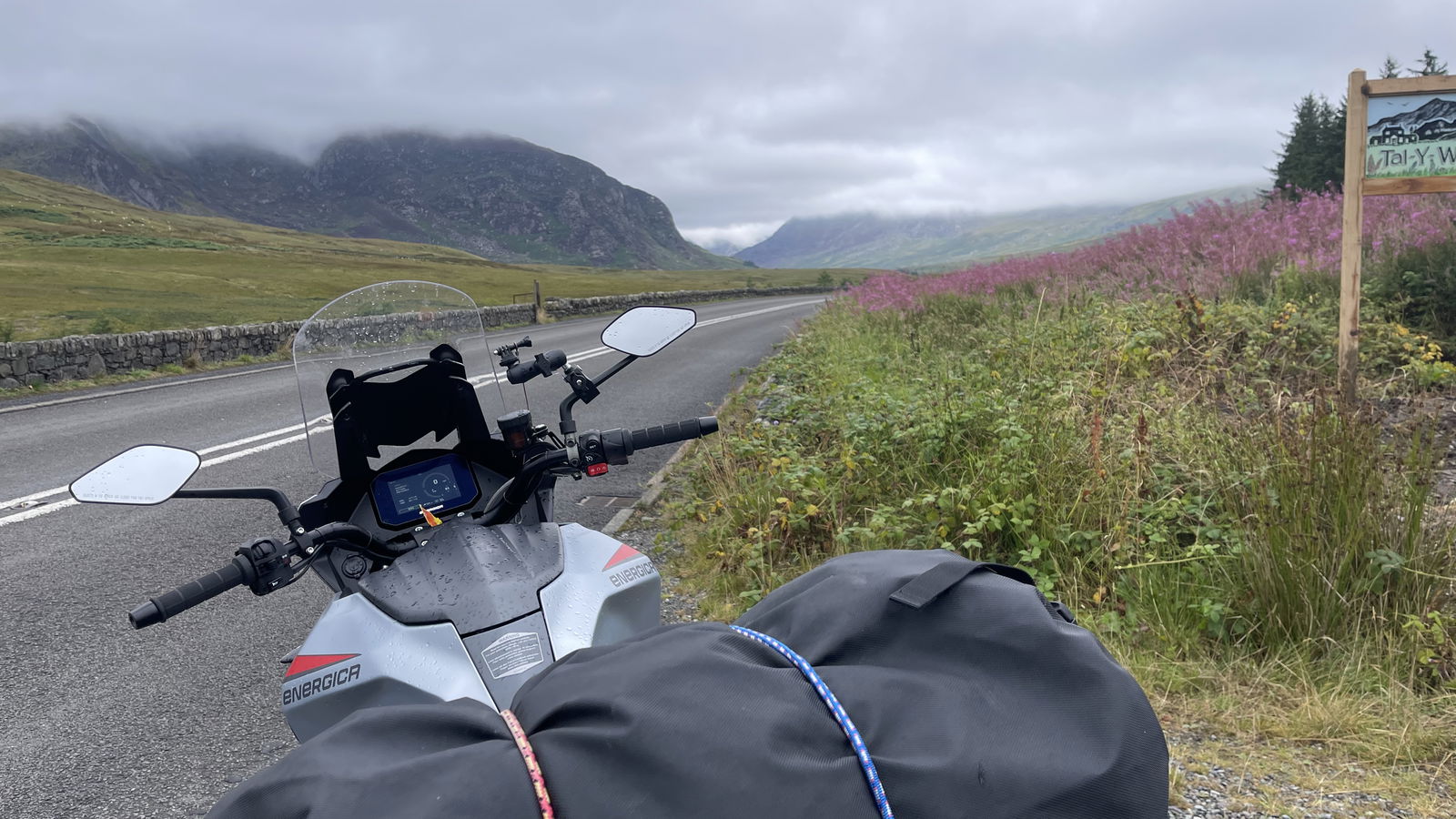 A motorcycle in a welsh valley